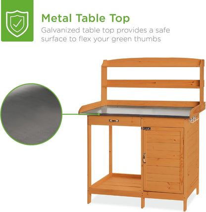 YUONAO Outdoor Garden Wooden Potting Bench with Metal Table Top, Pre-Stained Finish, Cabinet & Sliding Drawer - Storage Shelf for Backyard, Patio, Garden Use