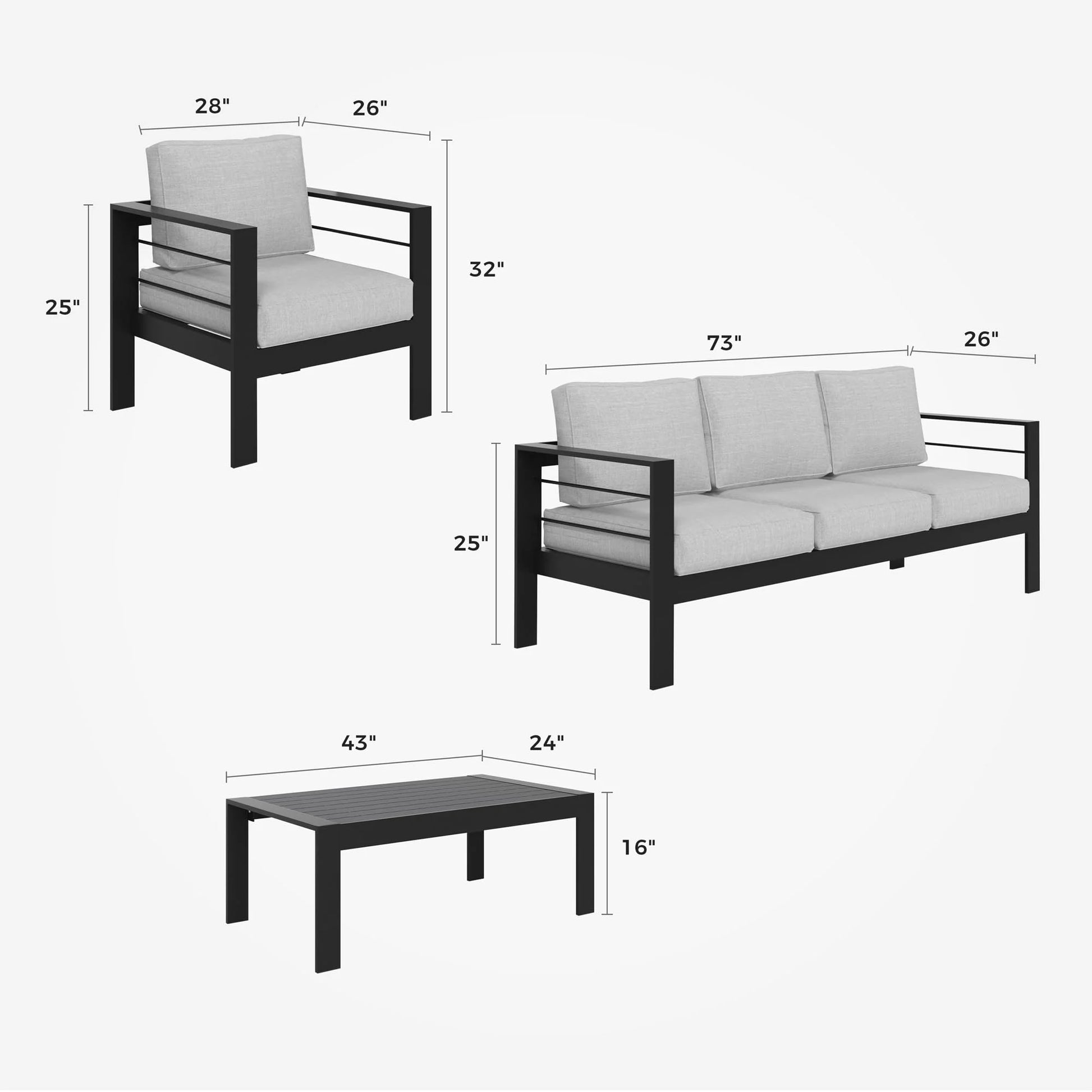 CozyHom 5 Pcs Outdoor Patio Aluminum Furniture Sofa Sets, Outside Patio Conversation Couch Sets With Table& Cushions for Garden Porch, Gray