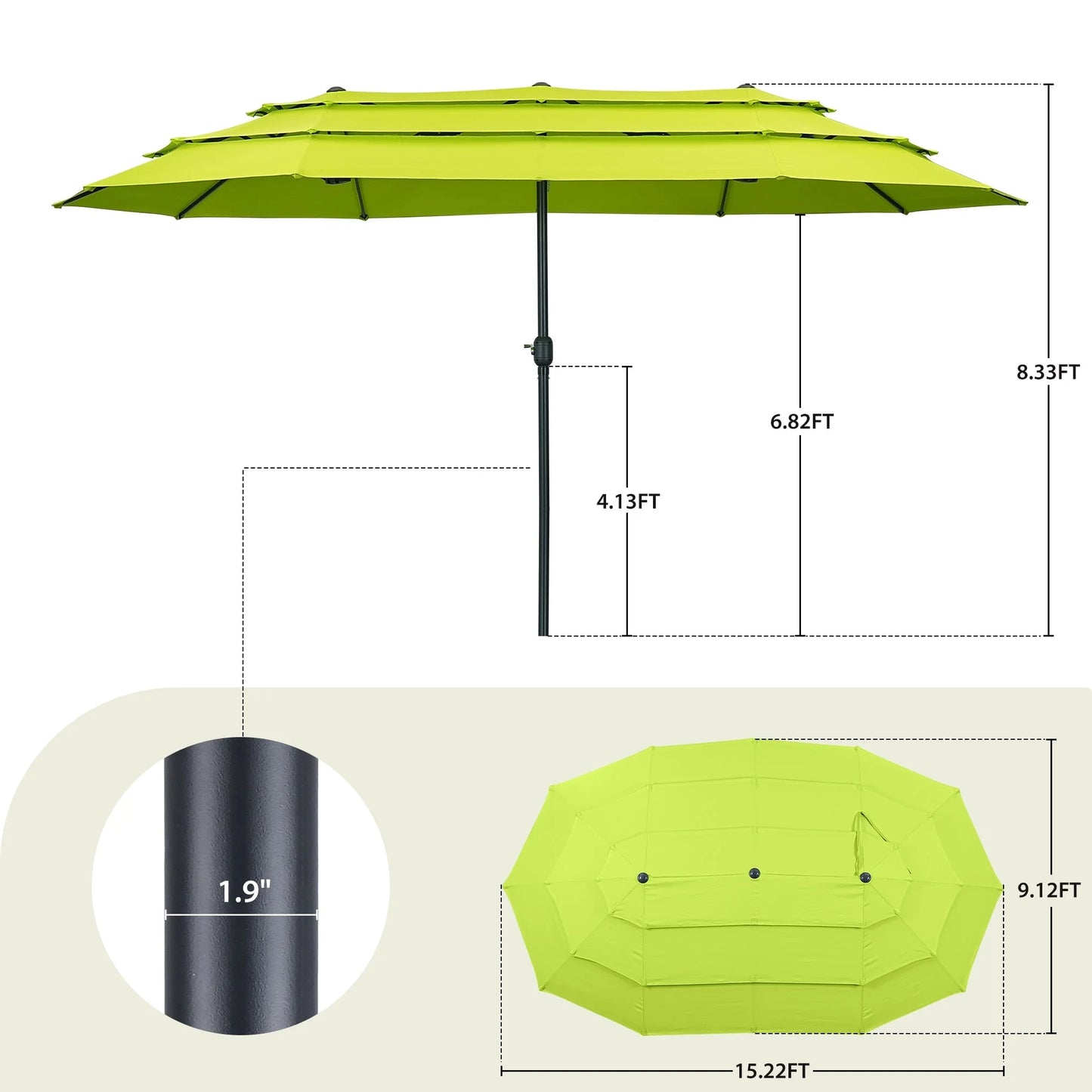 Ainfox 15ft Large Patio Umbrella, 3-Tiers Outdoor Double-Sided Rectangle Market Heavy Duty Umbrellas, Grass Green