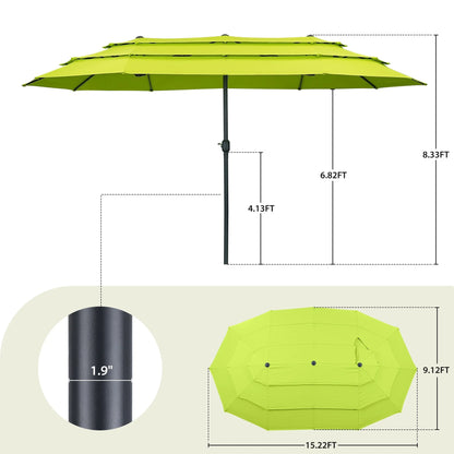 Ainfox 15ft Large Patio Umbrella, 3-Tiers Outdoor Double-Sided Rectangle Market Heavy Duty Umbrellas, Grass Green