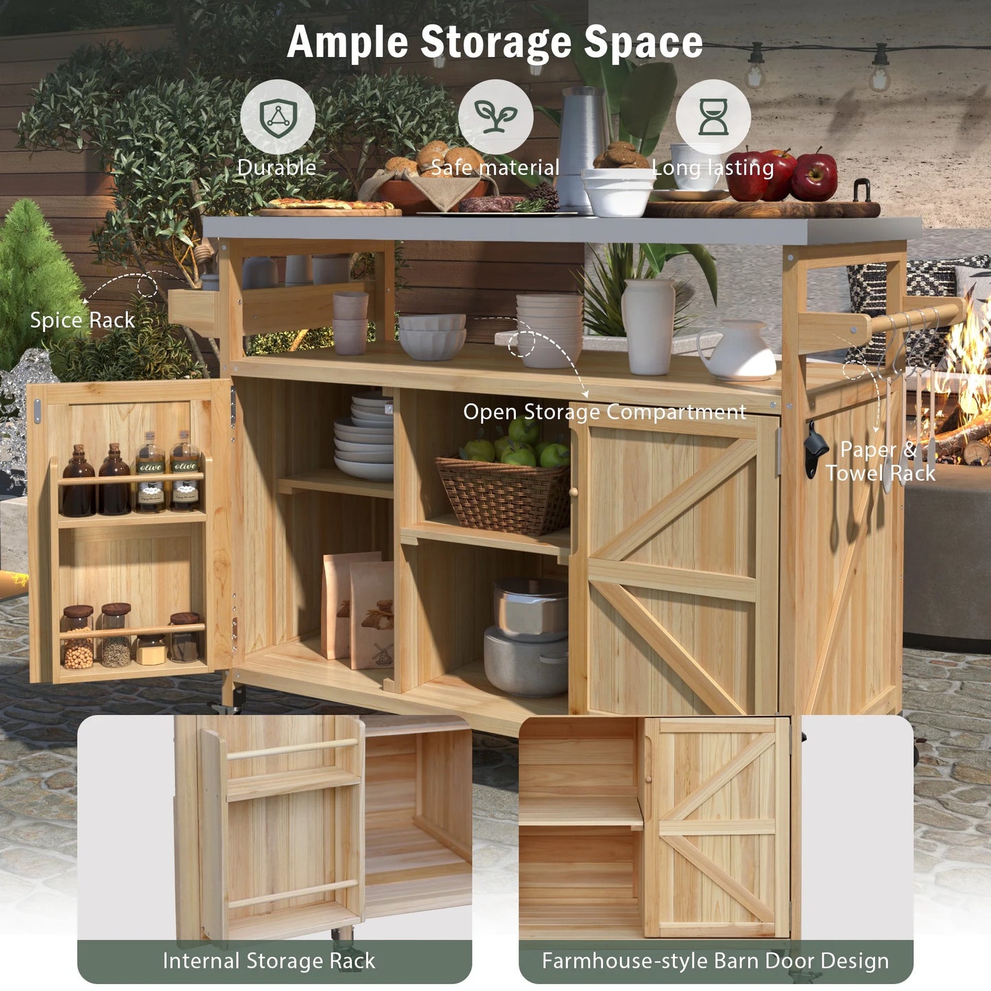 Bellemave Outdoor Serving Cart Kitchen Island Solid Wood Mobile Rolling Bar Cart with Lockable Wheels, Rack and Stainless Steel Top Beverage Storage Counter Table with Cabinet for Patio, Natural