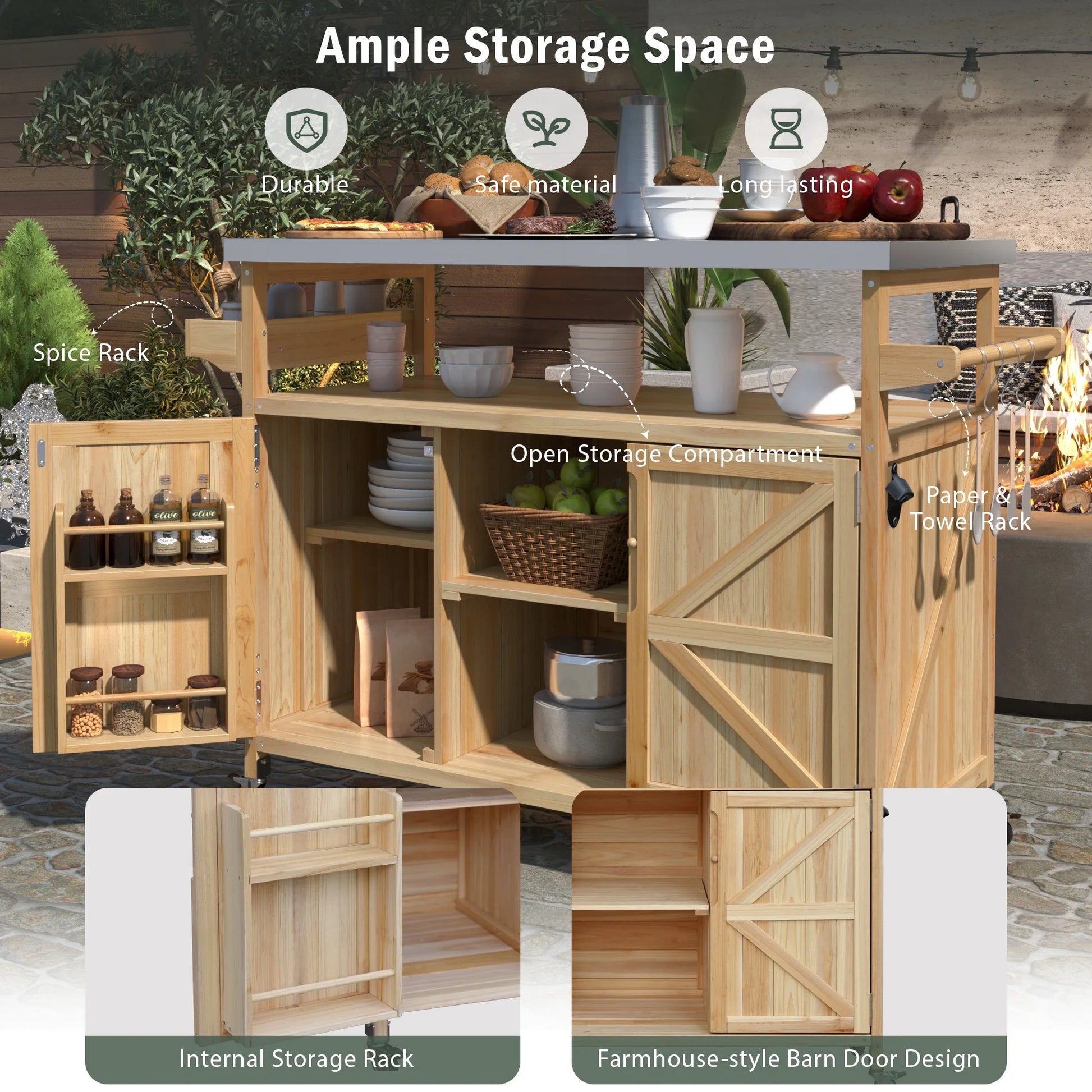 Bellemave Outdoor Serving Cart Kitchen Island Solid Wood Mobile Rolling Bar Cart with Lockable Wheels, Rack and Stainless Steel Top Beverage Storage Counter Table with Cabinet for Patio, Natural
