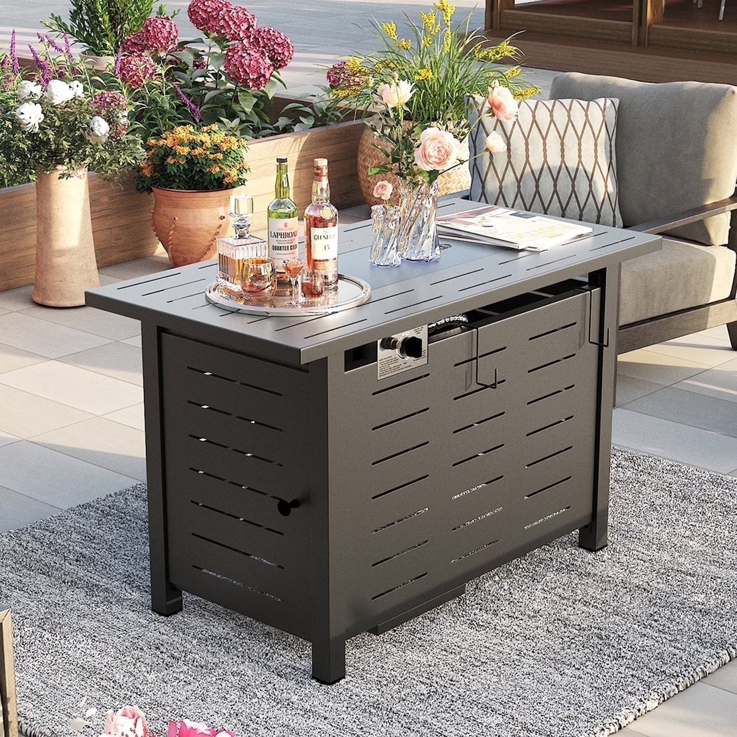 Sunmthink 44" Propane Fire Pit Table, 50,000 BTU Auto Ignition Steel Gas Fire Pit with Removable Lid & Waterproof Cover for Patio, Backyard, Black