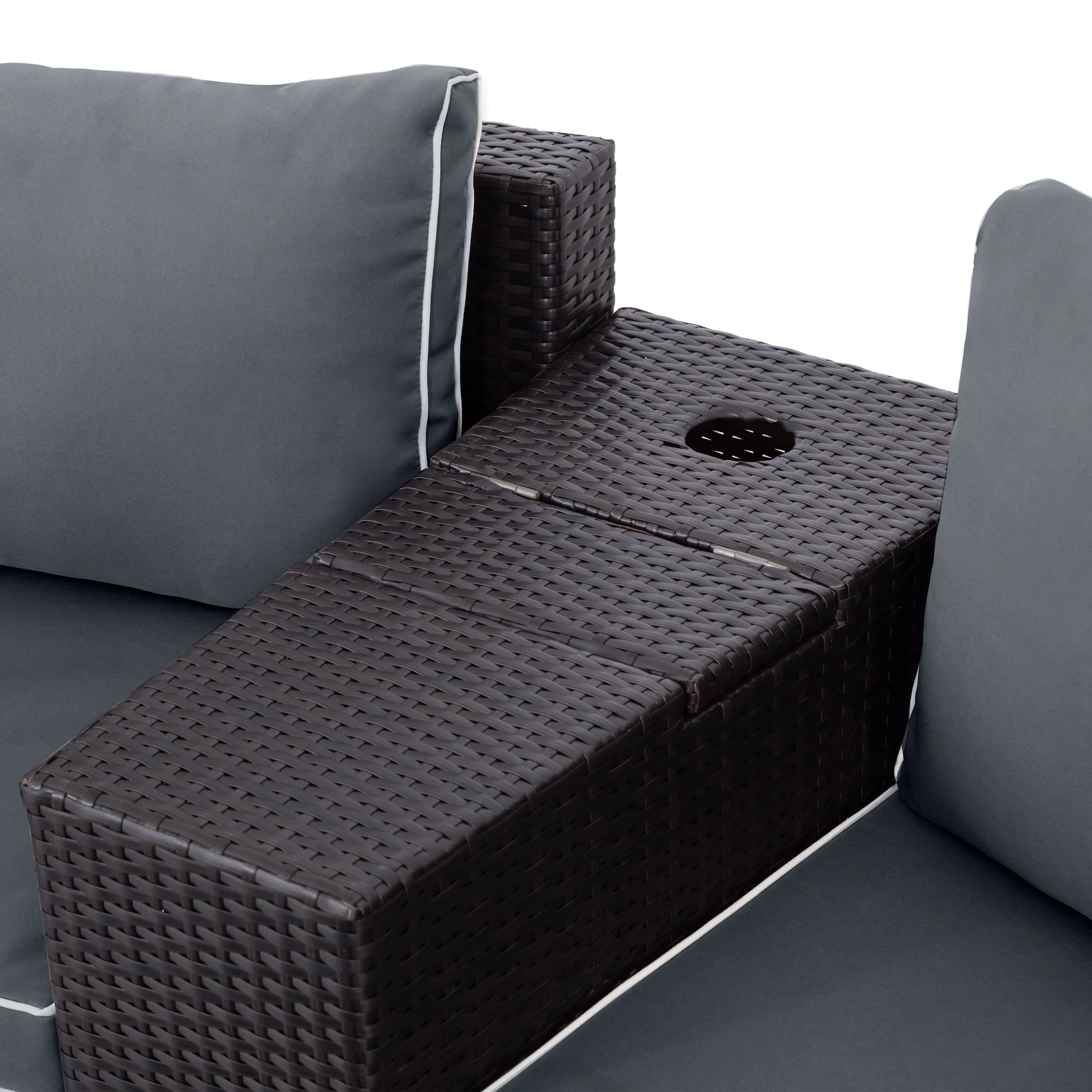 BTMWAY 6 Piece Outdoor Patio Sofa Furniture Set, BTMWAY PE Wicker Half Moon Outdoor Sectional Sofa Set with Side Table for Umbrella, Multifunctional Round Table, Gray Cushions, Pillows, Brown Rattan