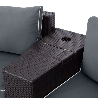 BTMWAY 6 Piece Outdoor Patio Sofa Furniture Set, BTMWAY PE Wicker Half Moon Outdoor Sectional Sofa Set with Side Table for Umbrella, Multifunctional Round Table, Gray Cushions, Pillows, Brown Rattan