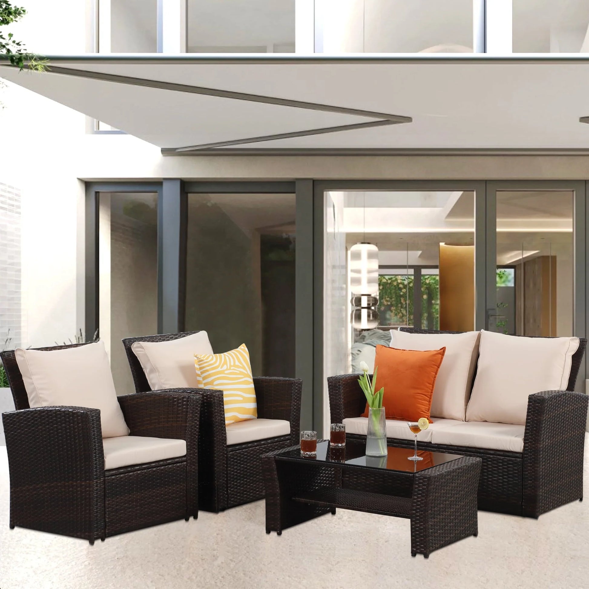 Superjoe 4 Pcs Outdoor Patio Furniture Sets, Wicker Rattan Conversation Set with Coffee table, Brown
