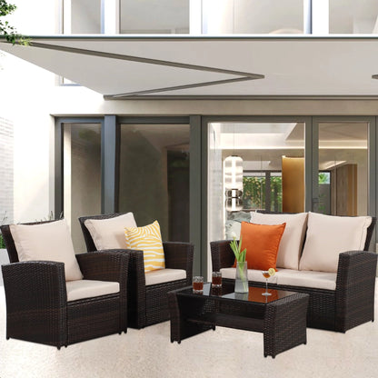 Superjoe 4 Pcs Outdoor Patio Furniture Sets, Wicker Rattan Conversation Set with Coffee table, Brown