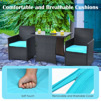Gymax 3PCS Patio Wicker Bistro Set PE Rattan Dining Table Set w/Turquoise Cushions