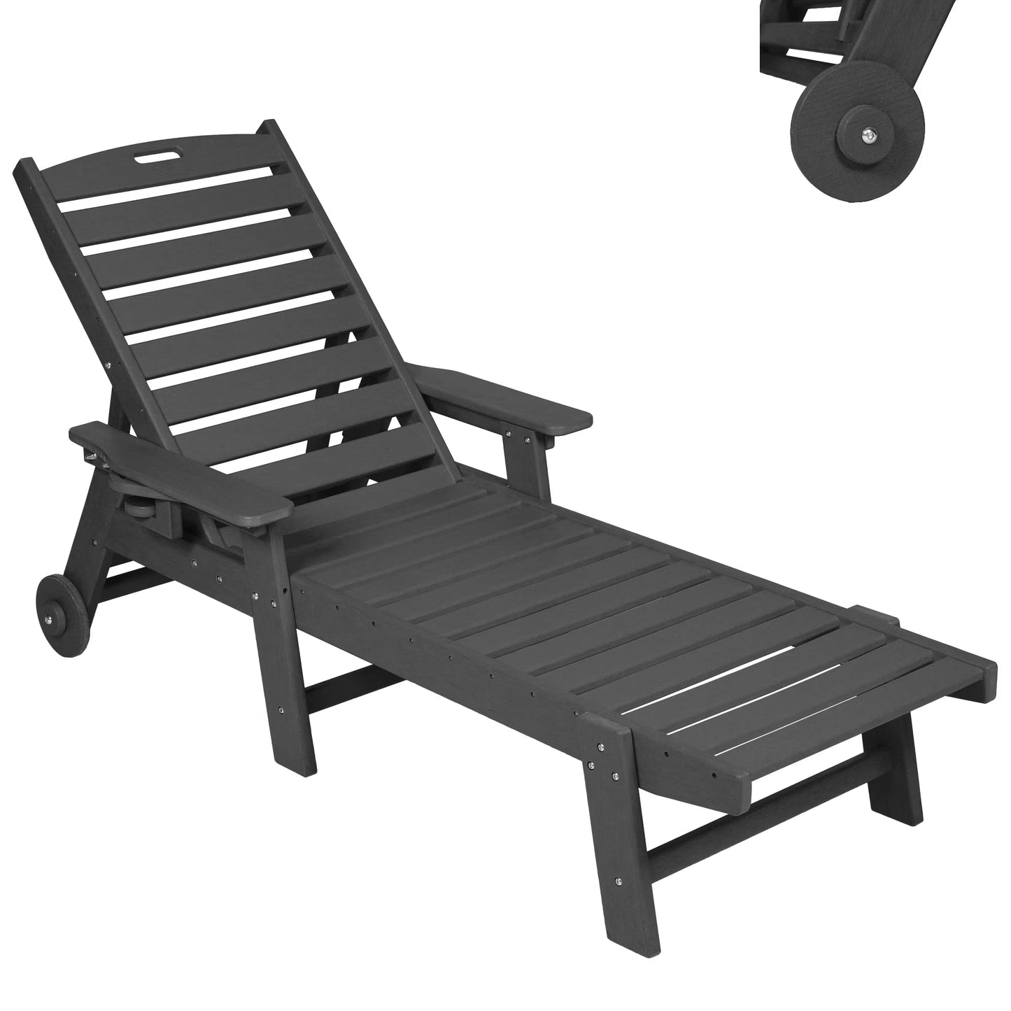 Aukfa 3 Pcs Outdoor Patio Chaise Lounge w/Coffee Table& Cup Holder, Adjustable Backrest, HDPE, Black