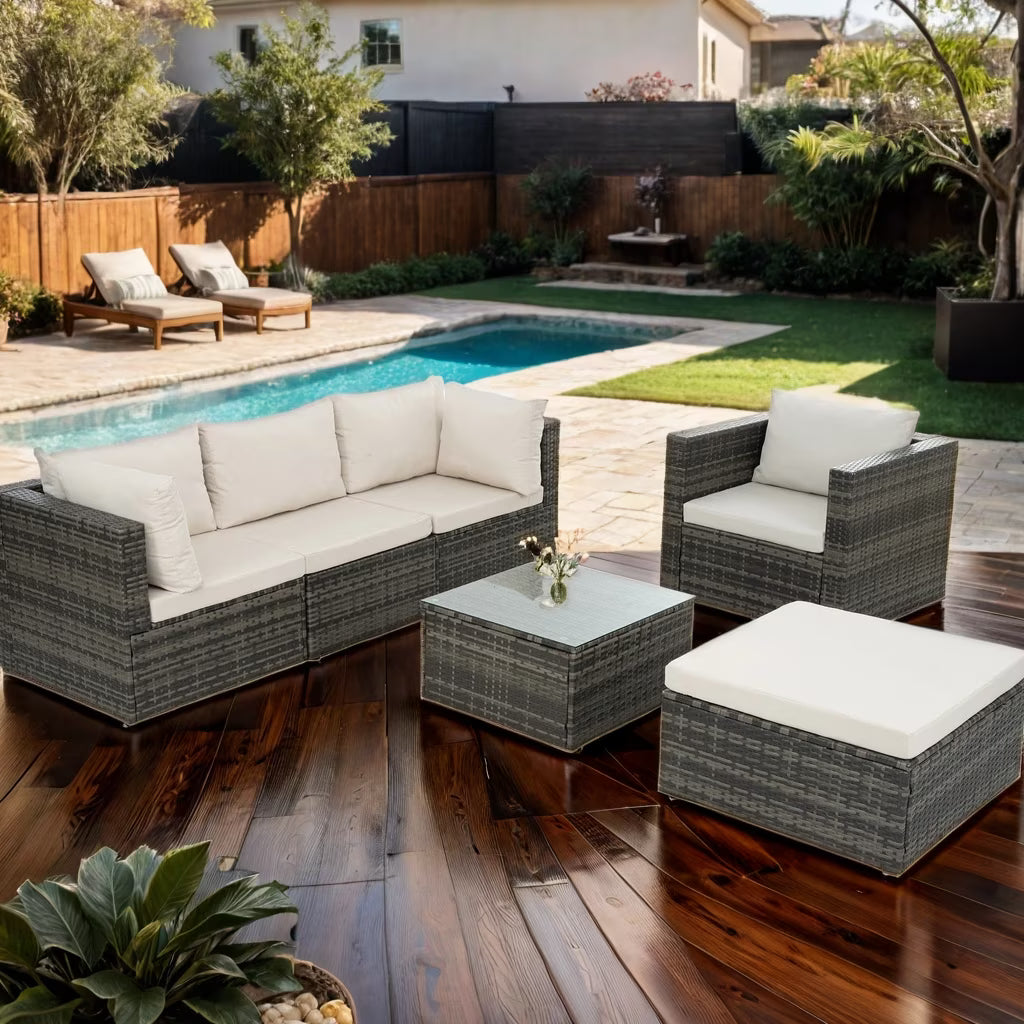 Highsound 6 Piece Patio Furniture Sets, All Weather PE Wicker Rattan Outdoor Sectional Sofa Conversation Couch with Glass Table, Cushions and Ottoman, for Lawn, Garden, Backyard, Beige