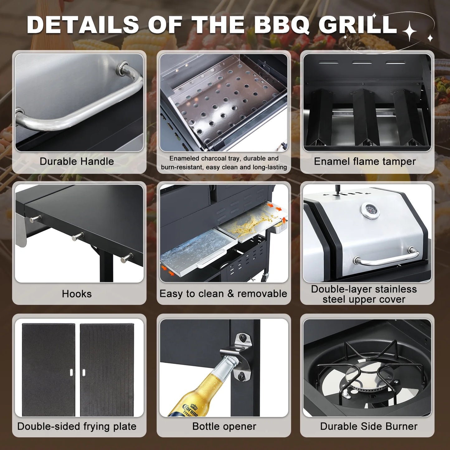 Nice Cooker Gas and Charcoal Combo Grill with Side Burner, 37,230 BTU Outdoor BBQ Grill with Porcelain-Enameled Cast Iron Grates and Plate, Thermometer, Storage Cabinet Rack for Outdoor Patio, Garden