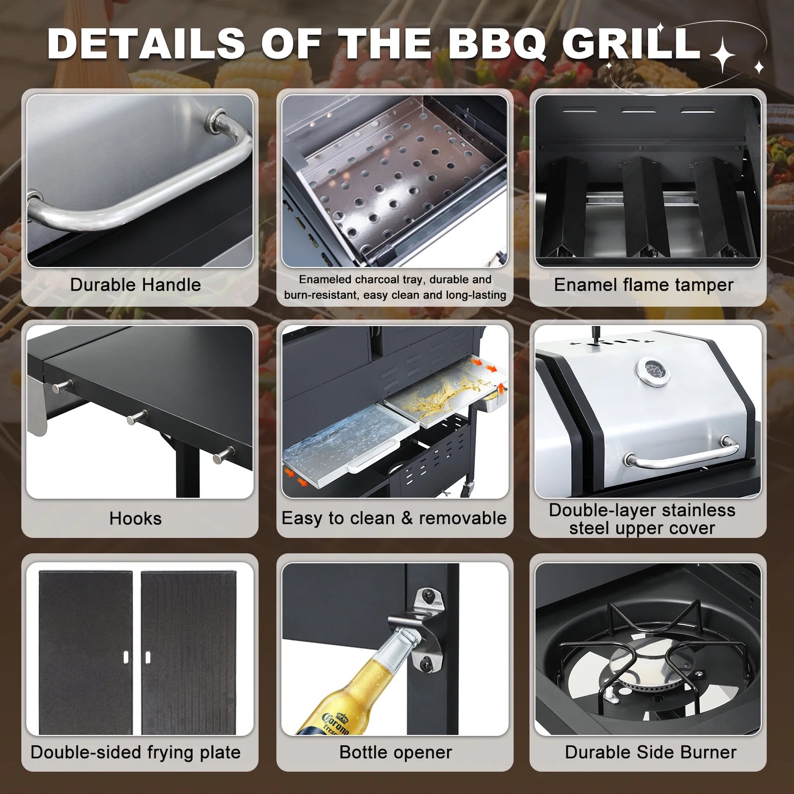 Nice Cooker Gas and Charcoal Combo Grill with Side Burner, 37,230 BTU Outdoor BBQ Grill with Porcelain-Enameled Cast Iron Grates and Plate, Thermometer, Storage Cabinet Rack for Outdoor Patio, Garden