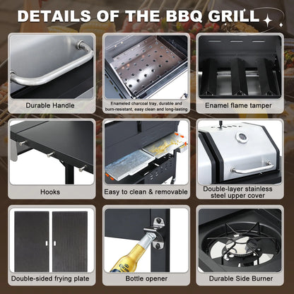 Nice Cooker Gas and Charcoal Combo Grill with Side Burner, 37,230 BTU Outdoor BBQ Grill with Porcelain-Enameled Cast Iron Grates and Plate, Thermometer, Storage Cabinet Rack for Outdoor Patio, Garden