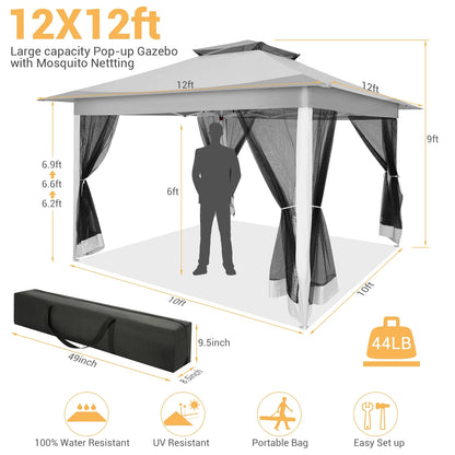 SANOPY 12x12FT Patio Gazebo Outdoor Pop up Gazebo with Mosquito Net& Four Sandbags Outdoor Party Instant Shelter Portable Folding Gazebo Waterproof and UV Protection Gazebo Tent for Backyard