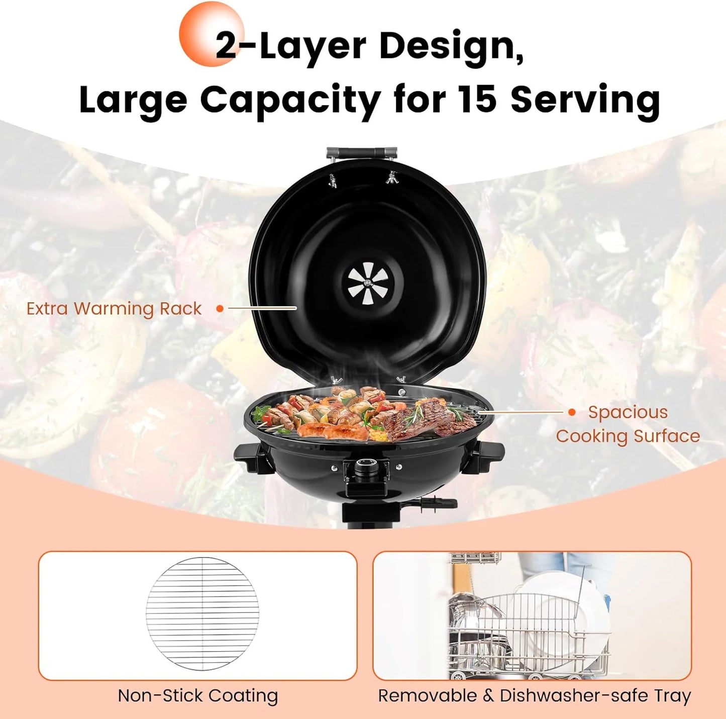 1600W Electric Grill Outdoor, 15-Serving Freestanding Camping Grill with Warming Rack, Removable Oil Drip Tray, Adjustable Temperature Control, Portable BBQ Grill for Patio, Backyard (Black)