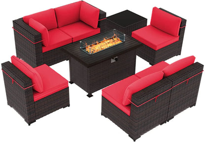 Gotland Outdoor Patio Sectional Furniture Set with 43" Propane Table 8Pcs Red Sponge Rattan Wicker