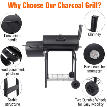 YouLoveIt BBQ Charcoal Grill Portable Barbecue Grill Offset Smoker Barbecue Oven with Wheels for Outdoor Picnic Camping Patio Backyard