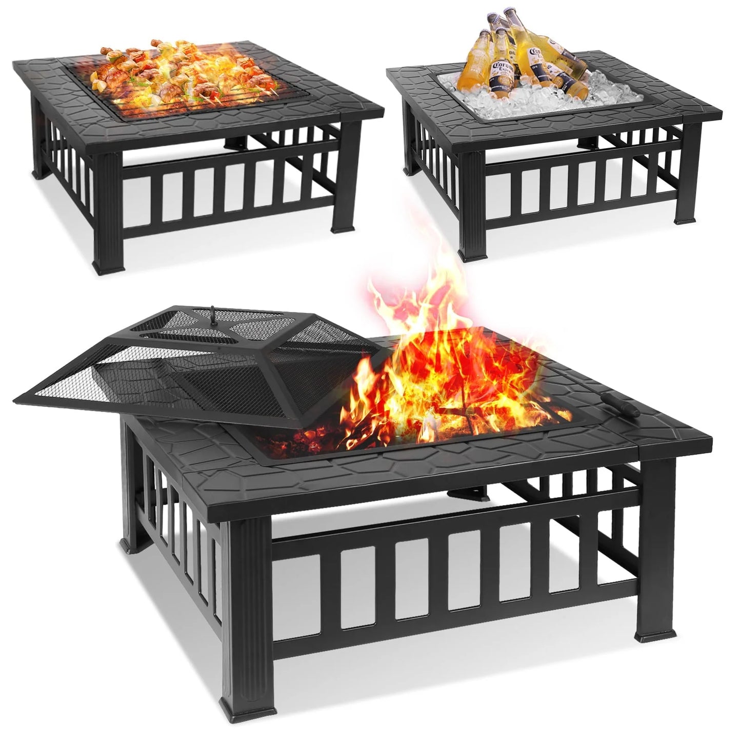 LAZY BUDDY Steel Fire Pits for Outside, 32'' Square Wood Burning Fire Pit Table, Outdoor Patio BBQ Firepit Bonfire Party