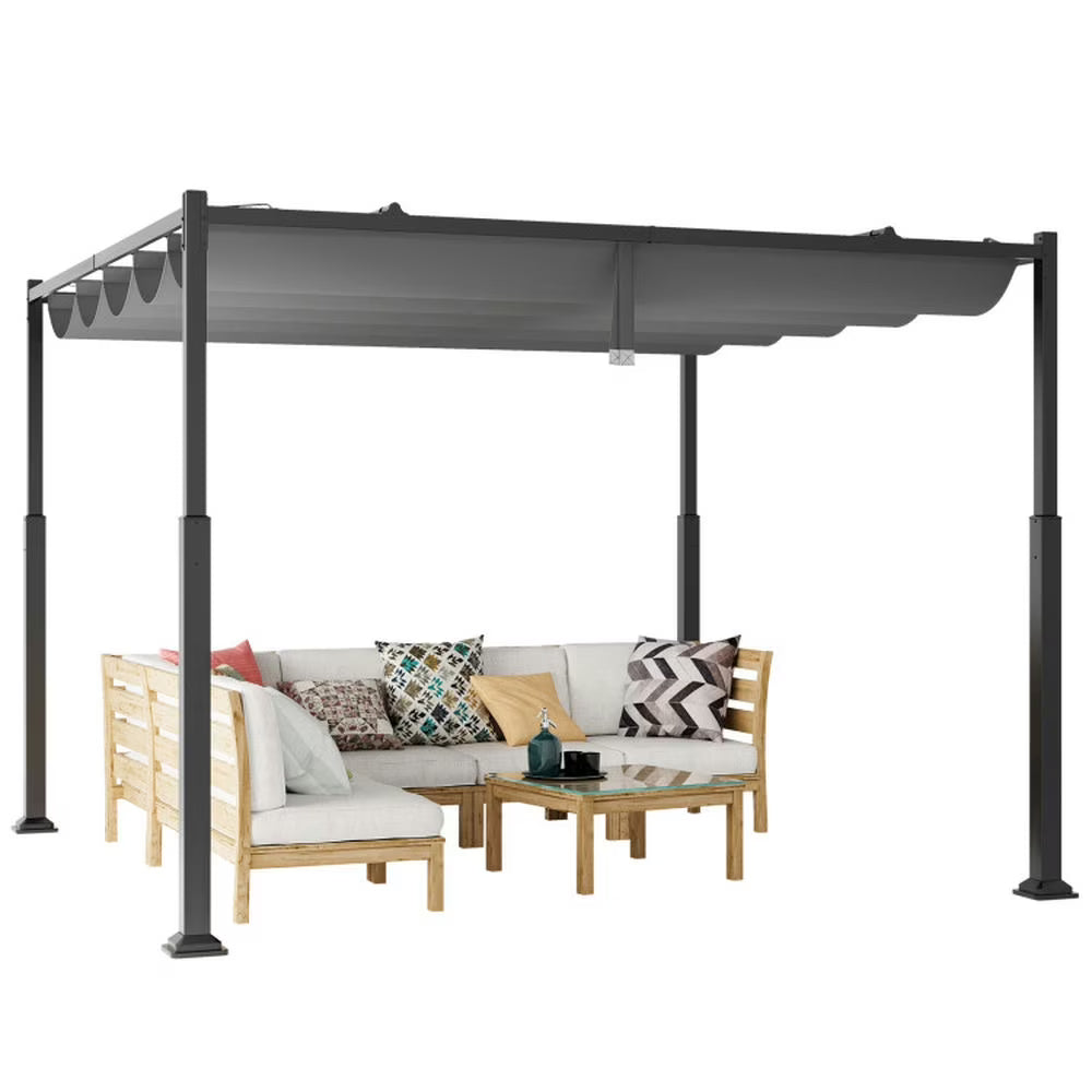 Spaco Outdoor Gazebo,Patios Gazebos,10 x 10 Feet Outdoor Pergola with Retractable Canopy and Metal Columns-Gray