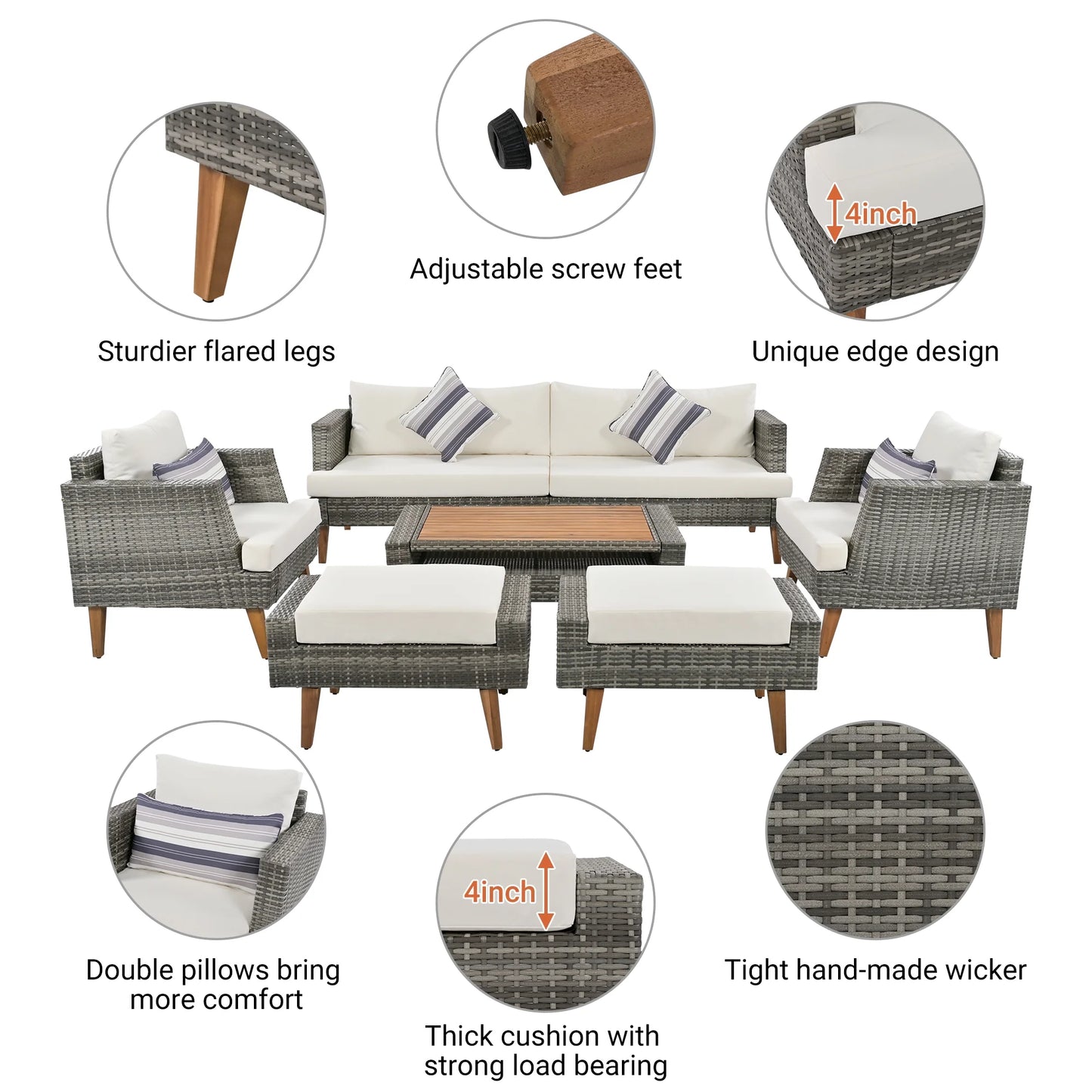 6 Pieces Wicker Patio Furniture Set Outdoor Conversation Set, All Weather PE Rattan Sectional Sofa Couch with Storage Table and Cushions, Beige