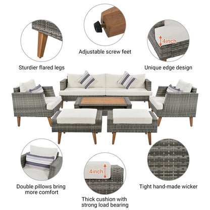 6 Pieces Wicker Patio Furniture Set Outdoor Conversation Set, All Weather PE Rattan Sectional Sofa Couch with Storage Table and Cushions, Beige