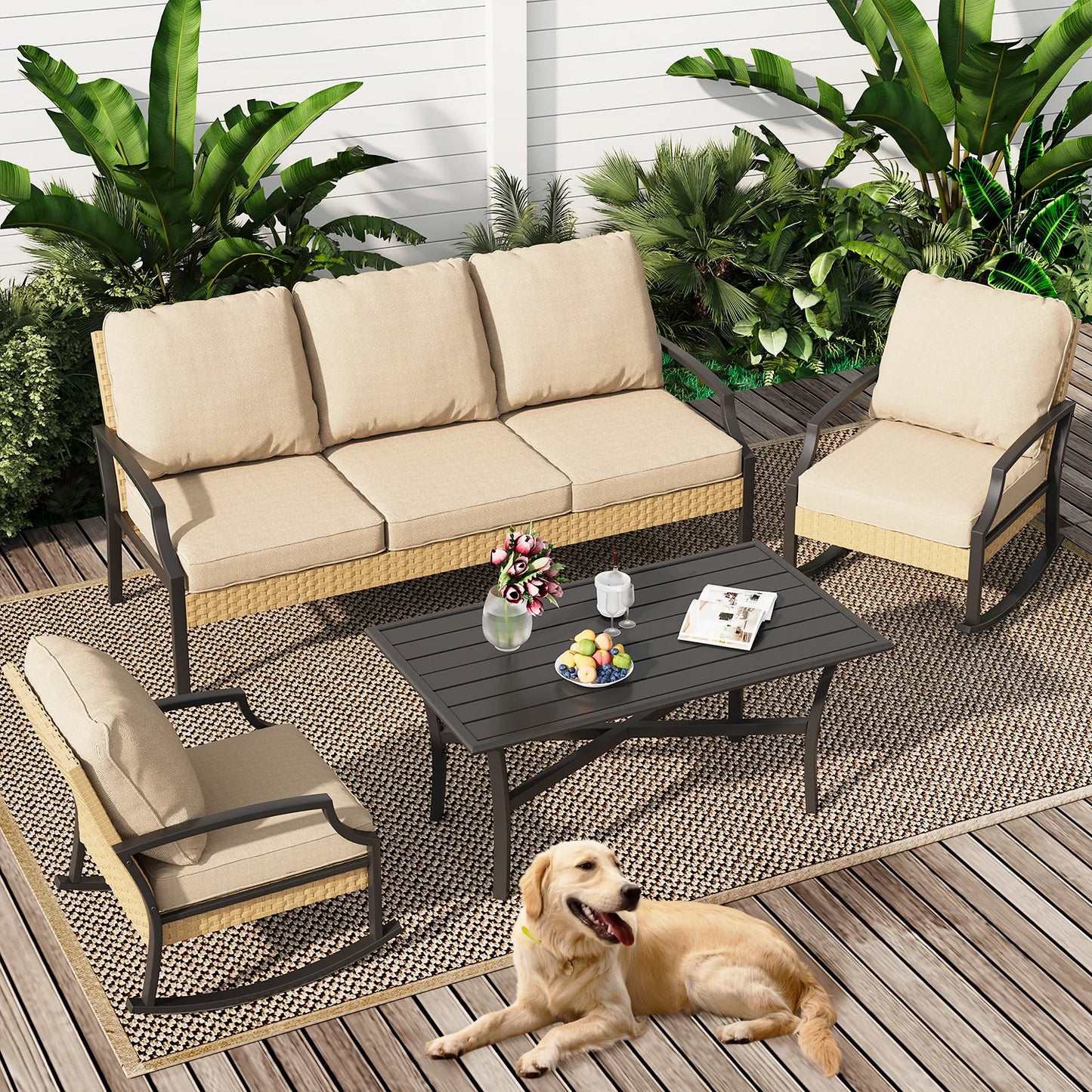 AECOJOY Outdoor Patio Wicker Furniture Sets On Sale,Rattan Patio Conversation Sets With Rocking Chair For Porch,Beige