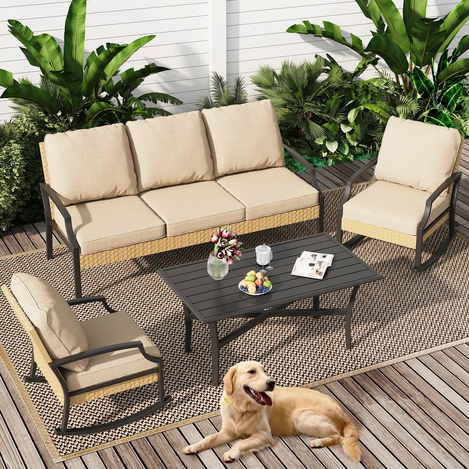 AECOJOY Outdoor Patio Wicker Furniture Sets On Sale,Rattan Patio Conversation Sets With Rocking Chair For Porch,Beige