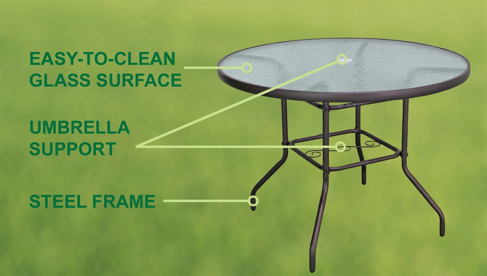 Garden Elements Outdoor Round Patio Dining Table, Steel Base and Rim with Waterwave Glass Top, Brown, 40"