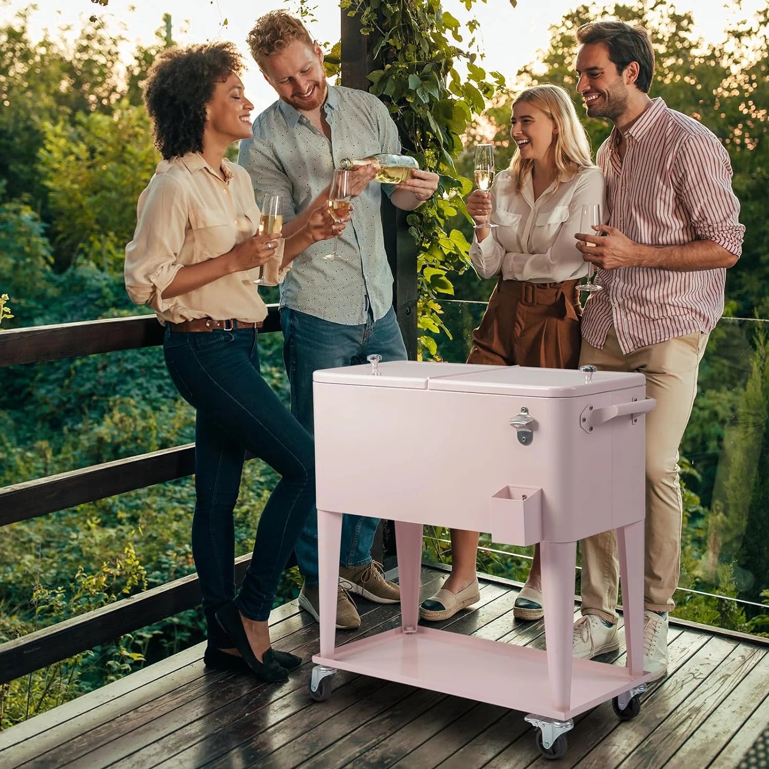 80 Quart Rolling Ice Chest, Portable Bar Drink Cooler with Catch Basin, Bottom Storage Tray and Bottle Opener for Patio Party BBQ Beach Activities