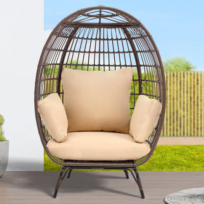 Dextrus Egg Chair Outdoor Egg Lounge Chair with Cushion Wicker Chair PE Rattan Chair for Patio, Garden, Backyard, Porch-Beige