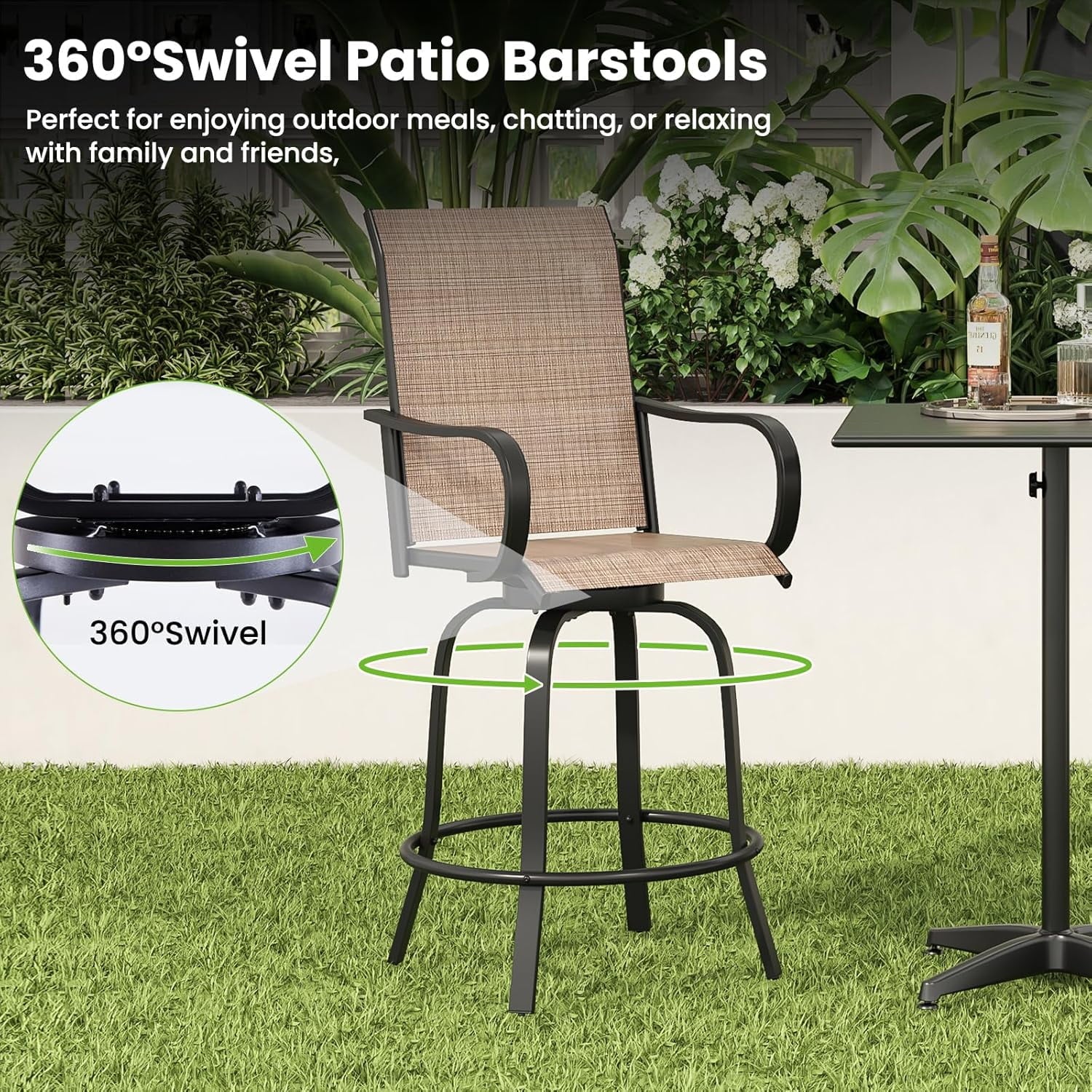 Farini Outdoor Bar Stools Set of 2, 360° Swivel Patio Barstools with Textile Fabric,Ergonomic Comfort Bar Height Tall Outdoor Stools for Balcony,Brown