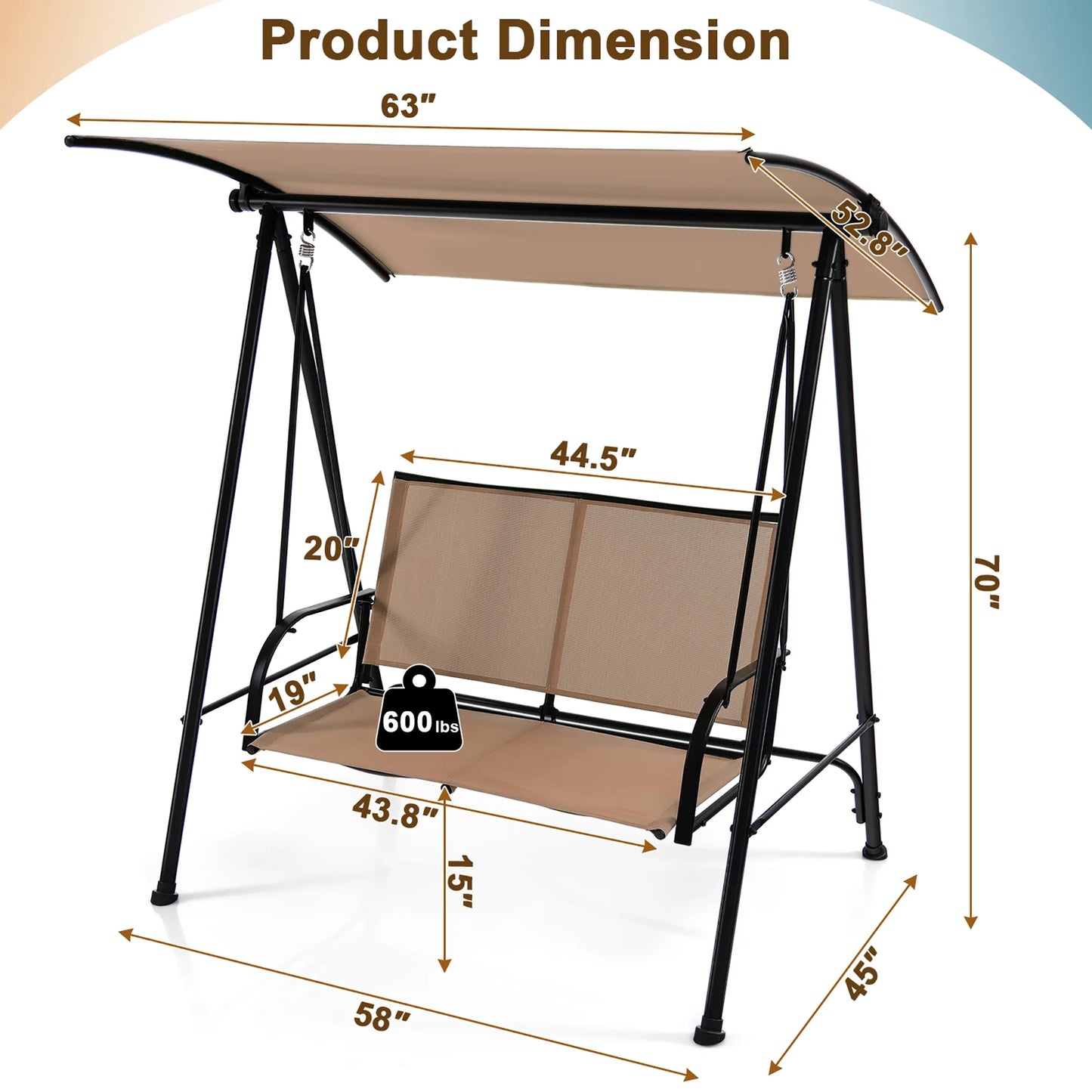 Costway 2-Seat Patio Swing Porch Swing with Adjustable Canopy for Garden Dark Beige