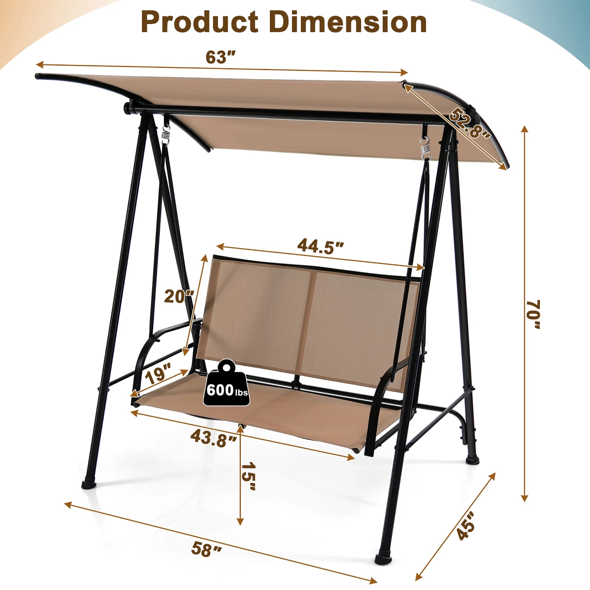 Costway 2-Seat Patio Swing Porch Swing with Adjustable Canopy for Garden Dark Beige