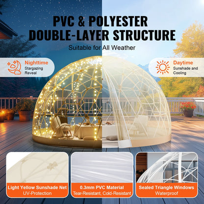 KFFKFF Dome Bubble Tent, 9.5FT Dual Cover (Clear & Light Yellow), Outdoor Spherical Shelter, Enhanced Garden Igloo, Weatherproof Pod for Camping, Patio, Outdoor Dining, Backyard Gatherings