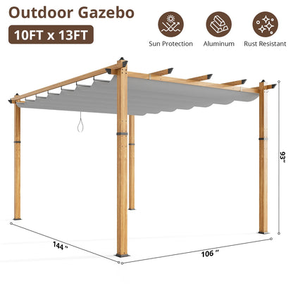 10x13 Ft Aluminum Pergola,Outdoor Metal Gazebo with Adjustable Canopy,Reinforced Frame Outdoor Shelter for Backyard,Patio Lawn and Deck - Wood grain beige