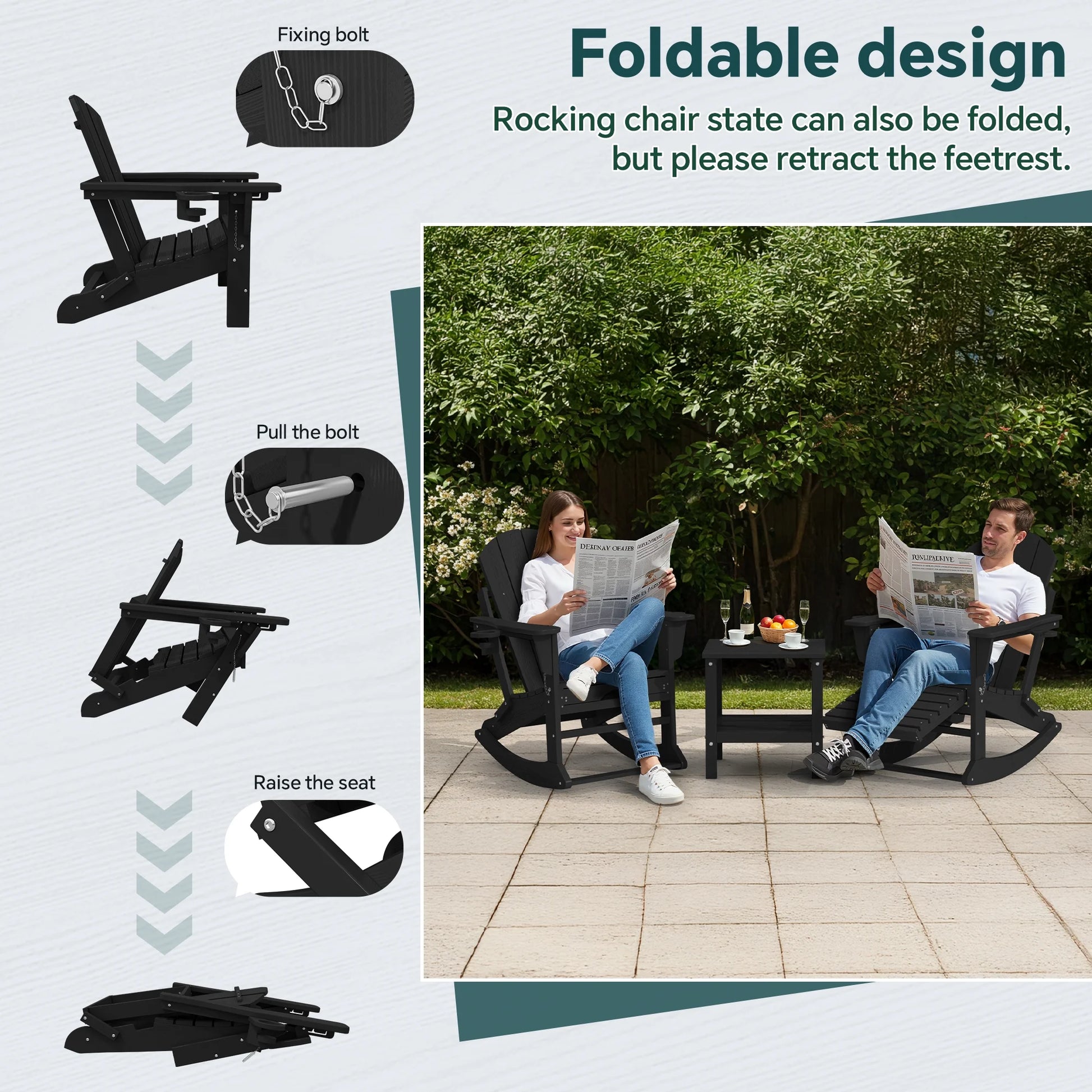 KINGYES Folding Adirondack Rocker Chair Set of 2 W/Footrest & Dual Cup Holders, HDPE Outdoor Patio Rocking Chair, Black
