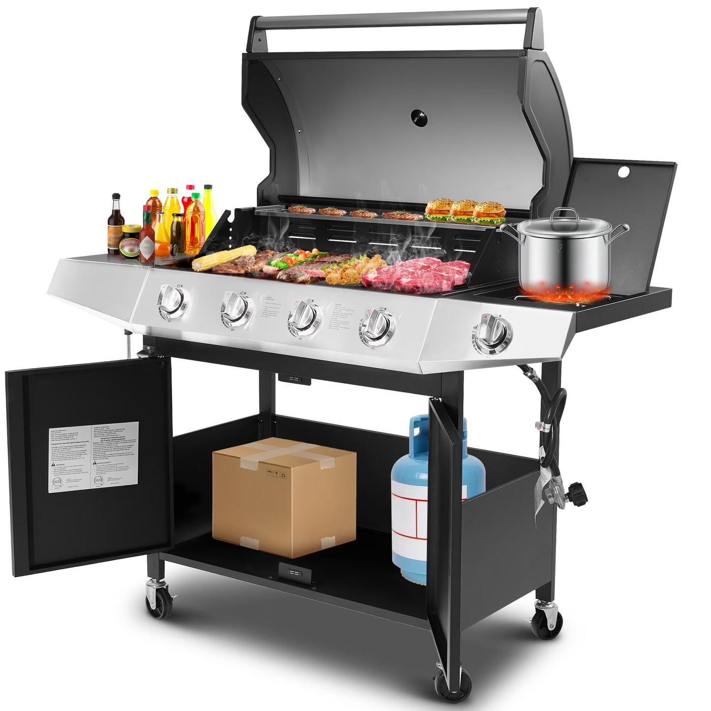 Enyopro 4 Burner Propane Gas Grill w/Side Burner, 50,000BTU Stainless Steel BBQ Grill with Brush, Built-in Thermometer, 4 Universal Wheels for Outdoor Cooking Patio Backyard