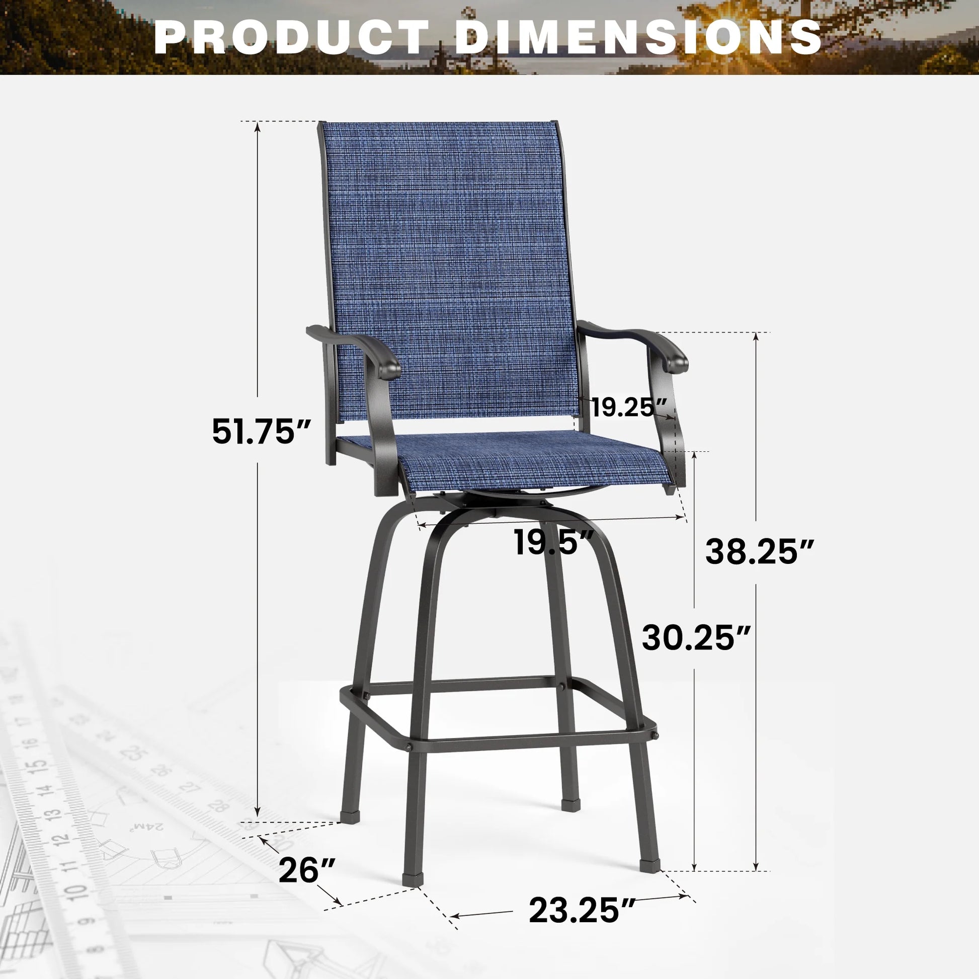 Summit Living 2-Piece High Top Outdoor Swivel Bar Stools, Patio Metal Frame Counter Height Chairs with Quick-Dry Textilene, Black & Brown