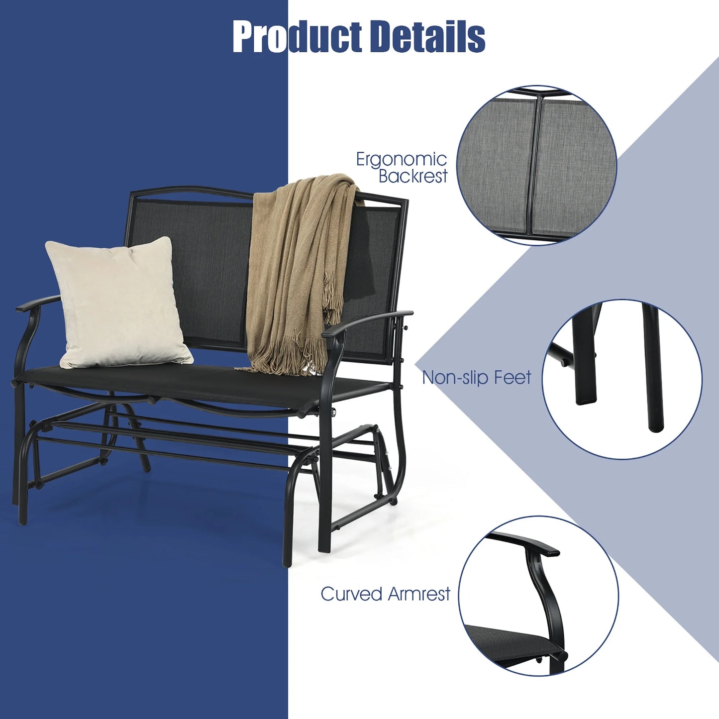 Costway Patio Glider Rocking Bench Double 2 Person Chair Loveseat Garden Black