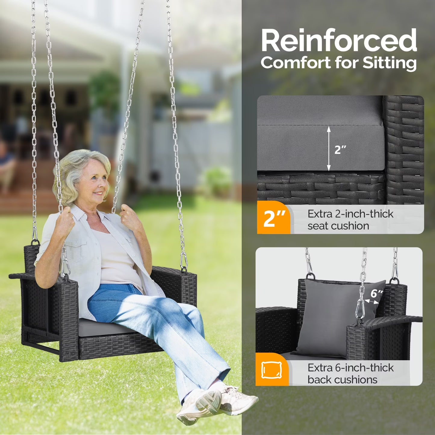 Zimtown Patio Rattn Wicker Swing, Outdoor Bench w/Blue Cushion, Outdoor Seat Garden Swing for 2 Person