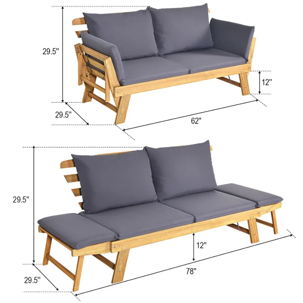 Canddidliike Patio Convertible Solid Wood Sofa with Cushion, Wood Frame Sofa, Sectional Sofa Set Ottoman