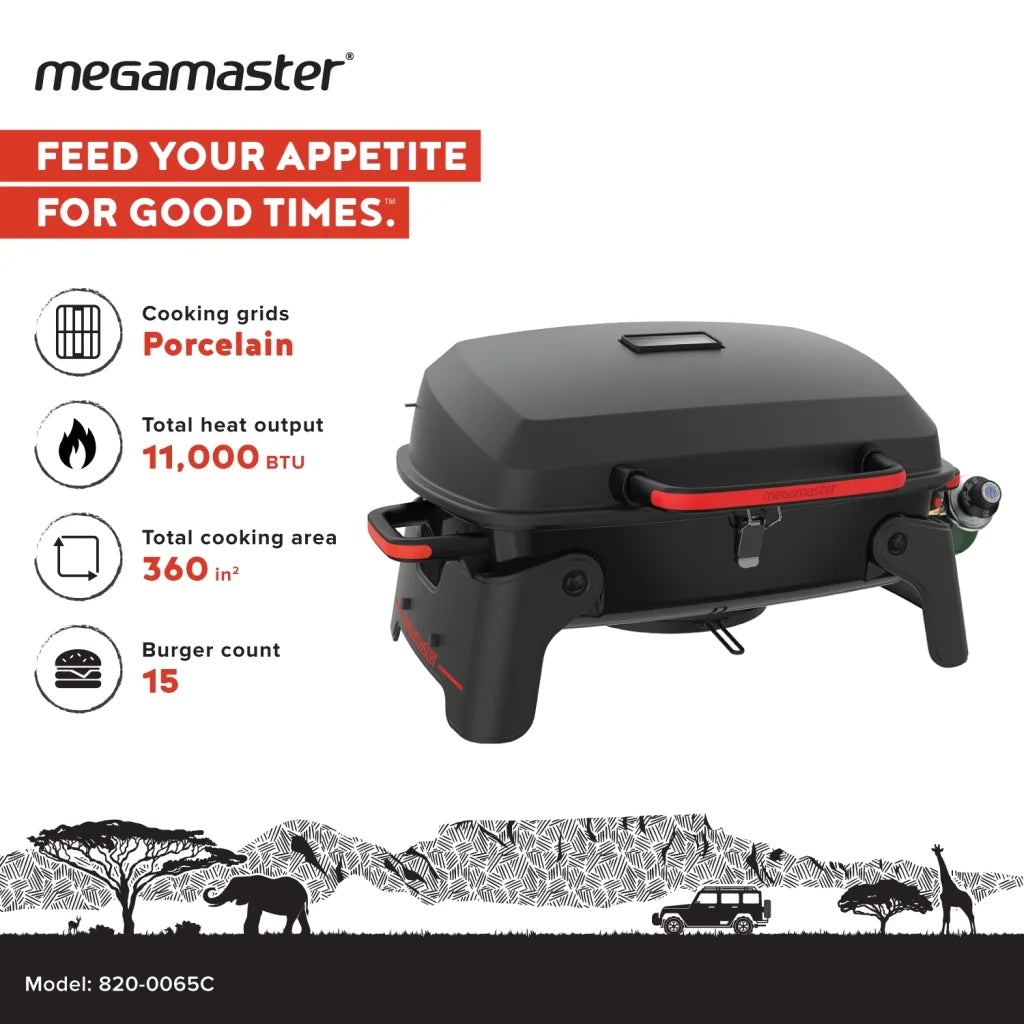 Megamaster 1-Burner Portable Gas Grill with Locking Lid, 11,000 BTU Stainless Steel Burner, Foldable Legs, Small Propane Grill for Outdoor Cooking, Camping, BBQs, Patios, and Gardens - 820-0065C