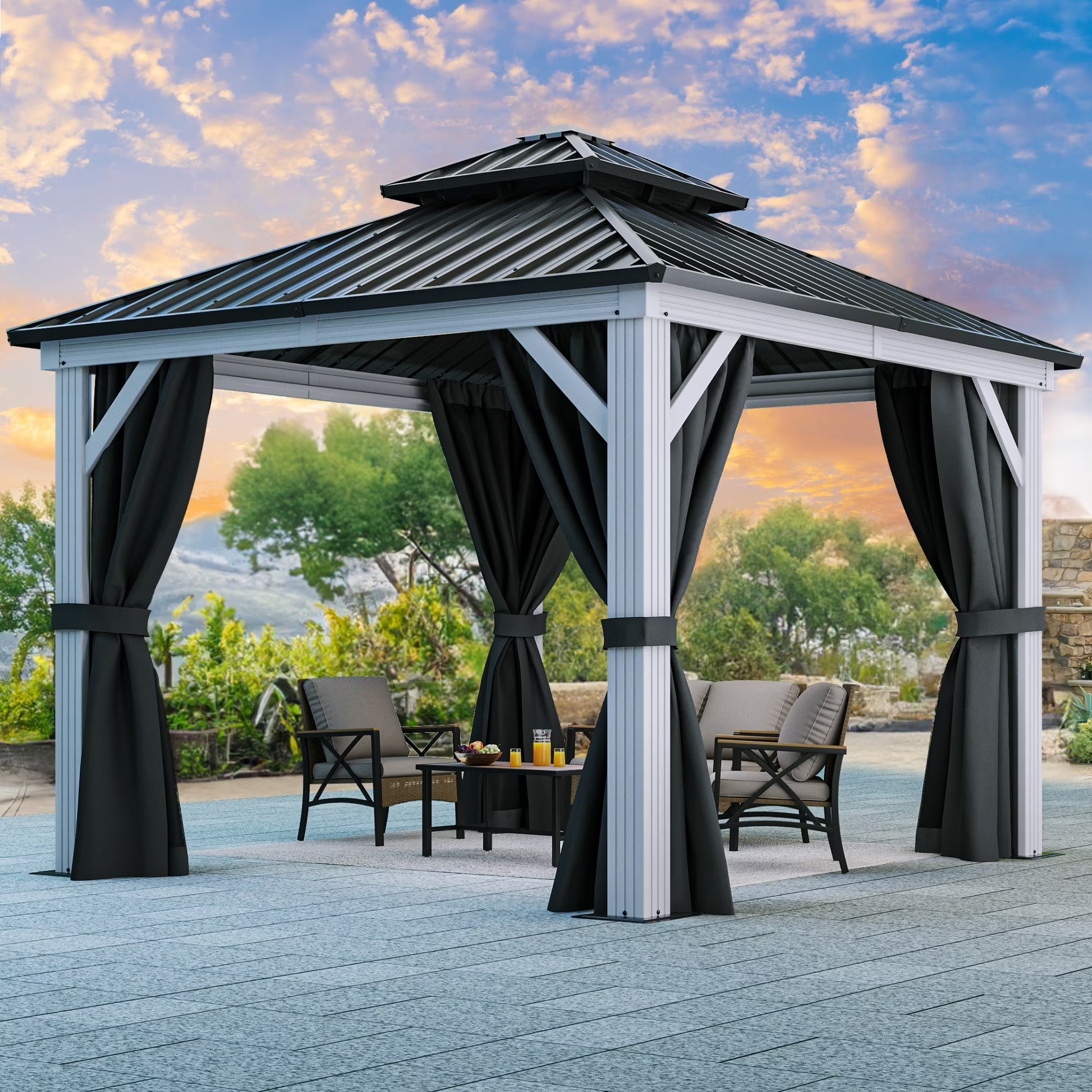 Dextrus 10x12ft Double Roof Hardtop Gazebo with Netting& Curtains, Double Galvanized Iron Aluminum Frame Outdoor White Gazebo,Ideal for Patio, Backyard,Deck and Lawns,Grey Curtain