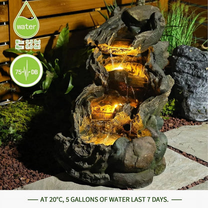 Outdoor Fountain Cascading Tiered Wood River Water Fountain with LED Lights for Garden, Patio, Backyard, Deck, Porch and Home Art Decor