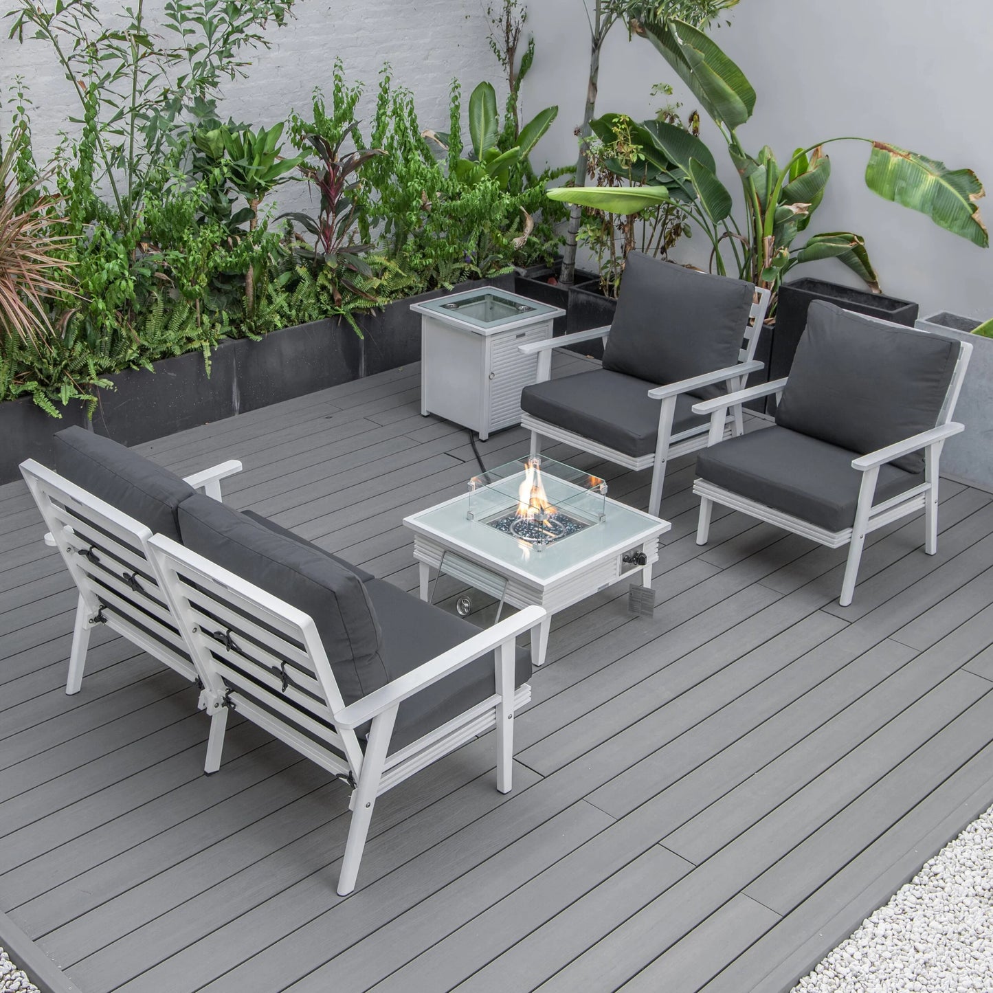 LeisureMod Walbrooke Modern Aluminum 5-Piece Patio Conversation Set with Outdoor Square Fire Pit Slats Design & Side Table Tank Holder, Charcoal