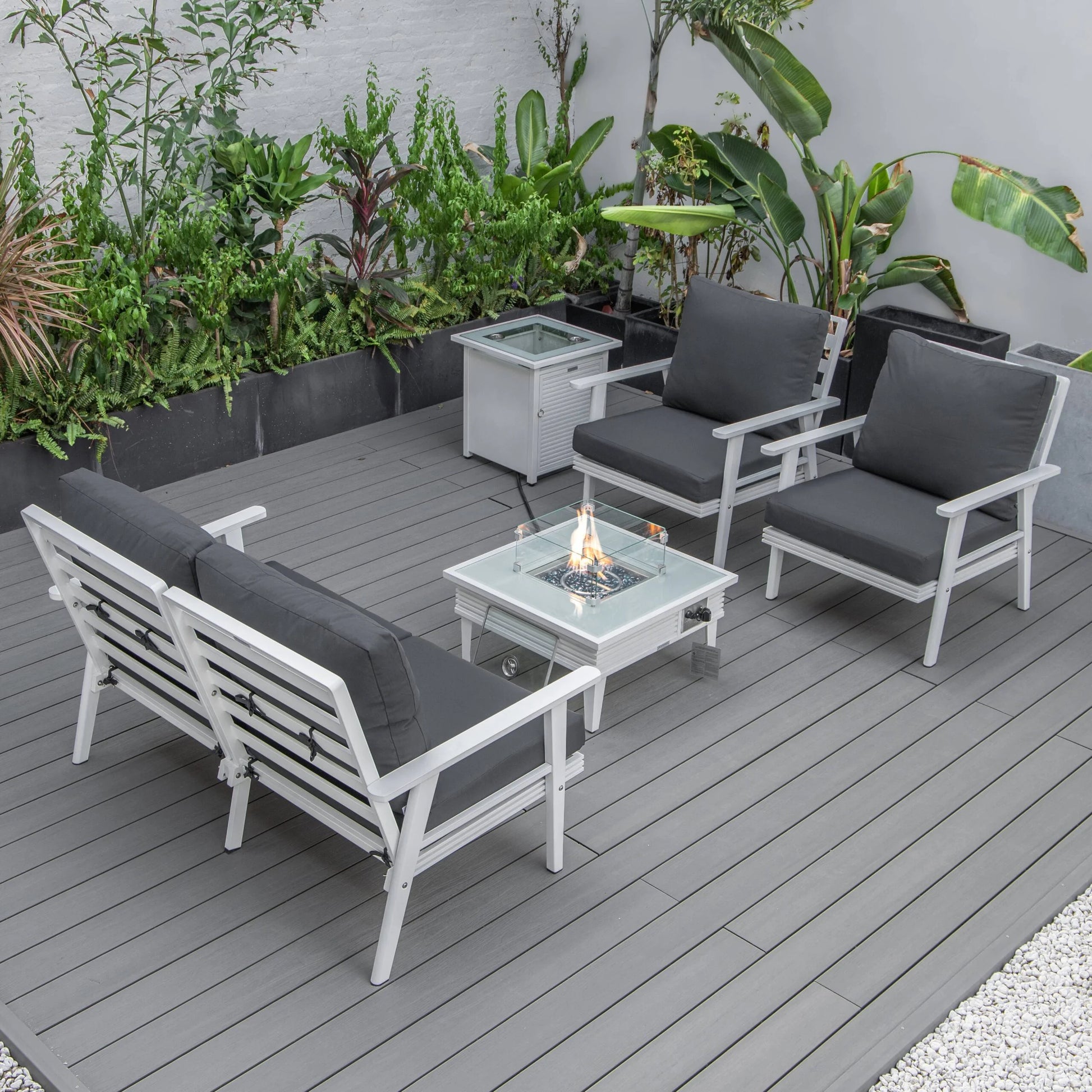 LeisureMod Walbrooke Modern Aluminum 5-Piece Patio Conversation Set with Outdoor Square Fire Pit Slats Design & Side Table Tank Holder, Charcoal