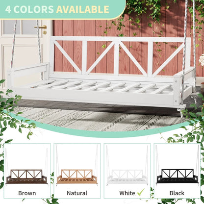 Patio Twin Size Swing Bed, A-cacia Wood Porch Swing Daybed with Hemp Ropes, Safe Sloped Design, Patio Hanging Swing Sofa Bed for Backyard, Garden, Pool, White