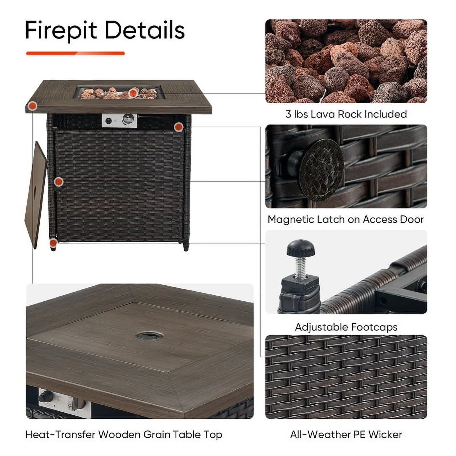 PARKWELL Outdoor Fire Pit 30" Square 50000 BTU Patio Propane Gas Fire Pit Table with Lava Rocks and Lid,Brown Wicker Firepit Faux Wood Tabletop