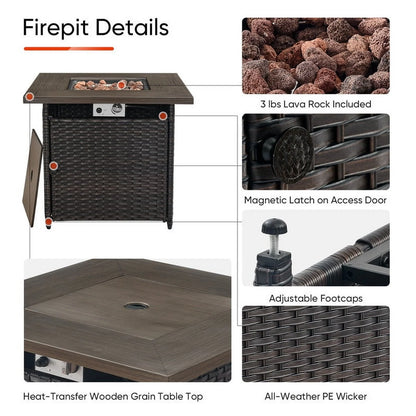 PARKWELL Outdoor Fire Pit 30" Square 50000 BTU Patio Propane Gas Fire Pit Table with Lava Rocks and Lid,Brown Wicker Firepit Faux Wood Tabletop
