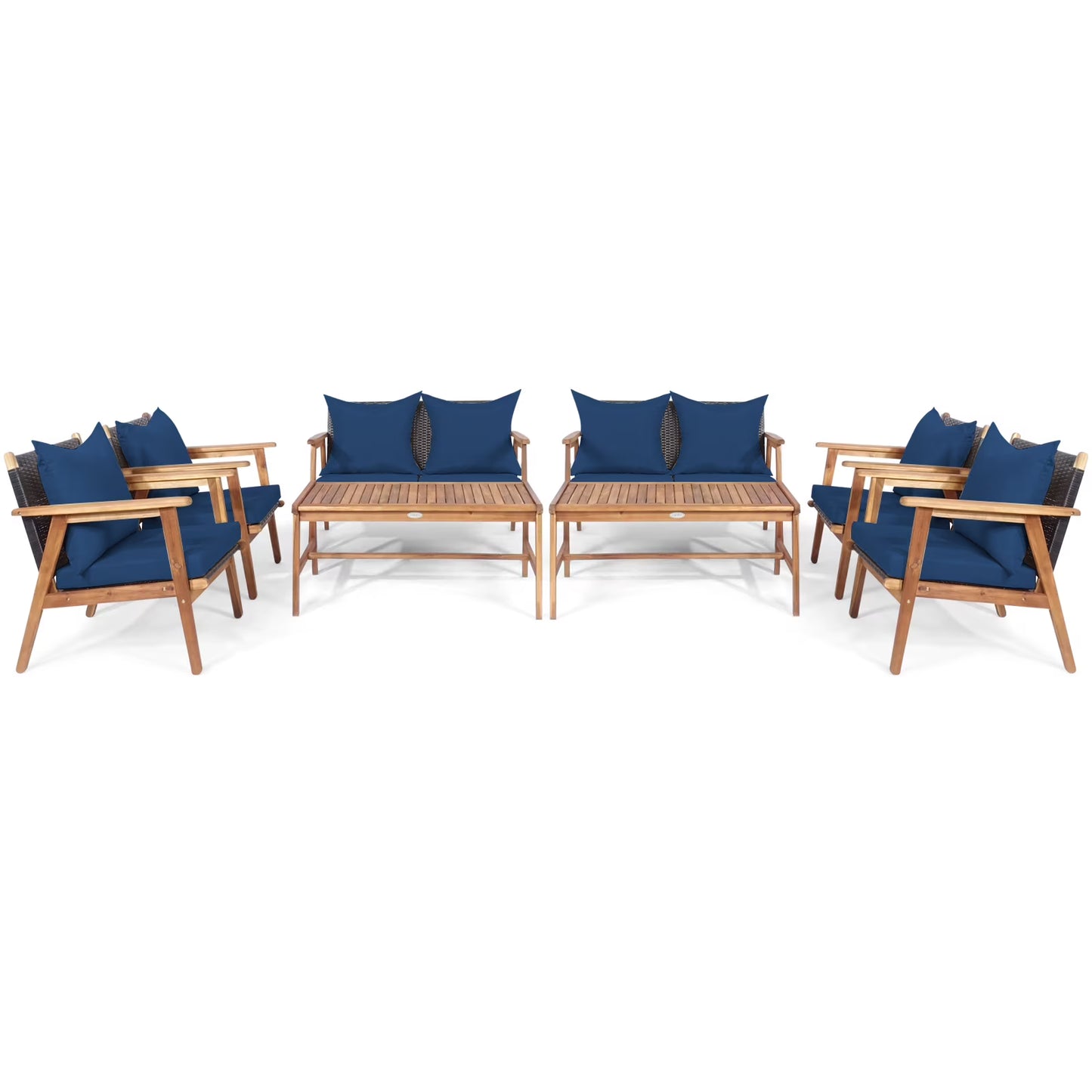 Patiojoy 8PCS Patio Rattan Furniture Set Wood Frame Cushioned Sofa with Coffee Table Sectional Conversation Sofa Set for Garden Brown